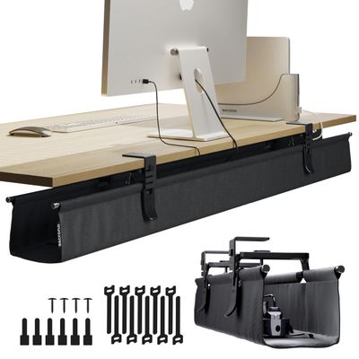 Ascrono Original No Drill Under Desk Cable Management Tray 53.9" - Premium Black Fabric Cable Management Under Desk - Clamp/Screw Mount Cord Organizer - Supports Upto 66lbs - Extra Large