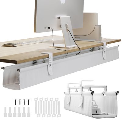 Ascrono Original No Drill Under Desk Cable Management Tray 53.9" - Premium White Fabric Cable Management Under Desk - Clamp/Screw Mount Cord Organizer - Supports Upto 66lbs - Extra Large