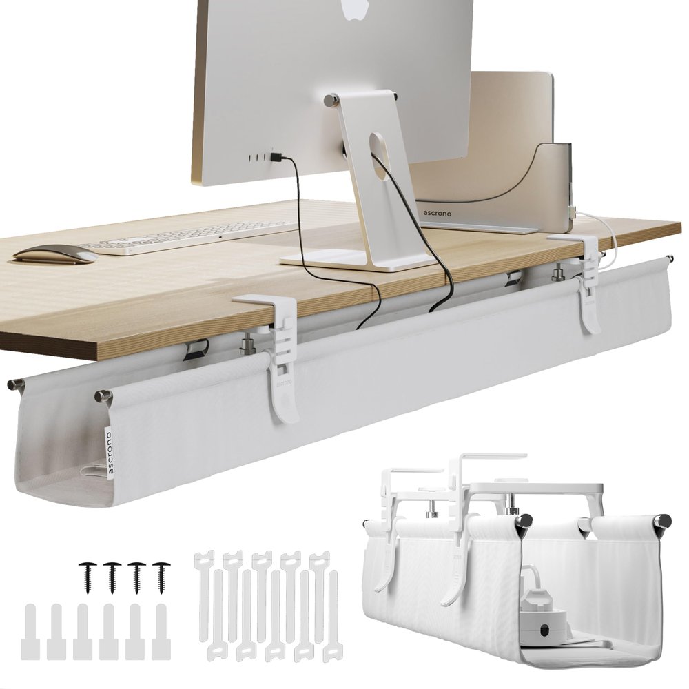 Ascrono Original No Drill Under Desk Cable Management Tray 53.9" - Premium White Fabric Cable Management Under Desk - Clamp/Screw Mount Cord Organizer - Supports Upto 66lbs - Extra Large