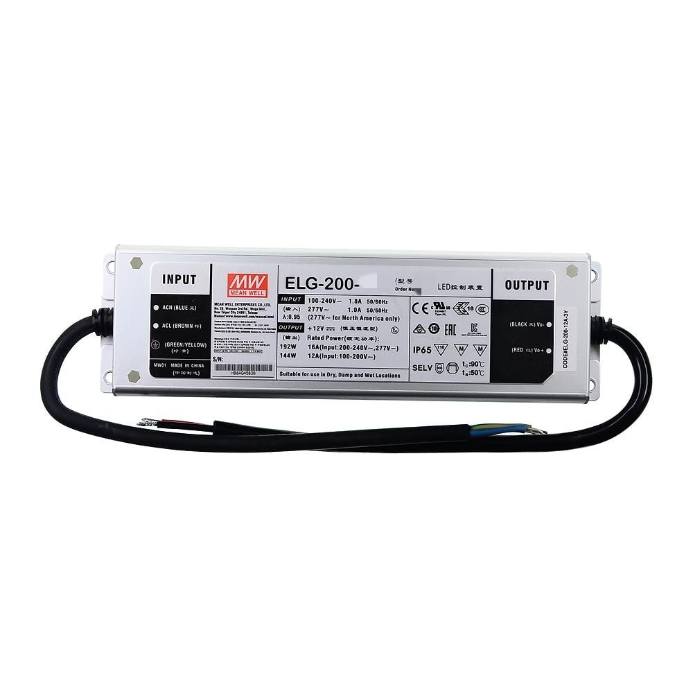 Mean Well ELG 200W 12V 16A LED Driver3 Wire Input ELG-200-12A-3Y Switching Power Supply Converter Transformer with IP65, PFC Function, Constant Voltage/Current