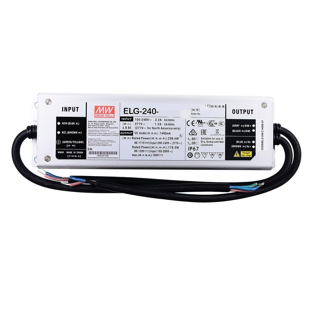 Mean Well ELG 240W 86-117V 1400mA LED Driver ELG-240-C1400A Switching Power Supply Converter Transformer with IP65, PFC Function, Constant Voltage/Current