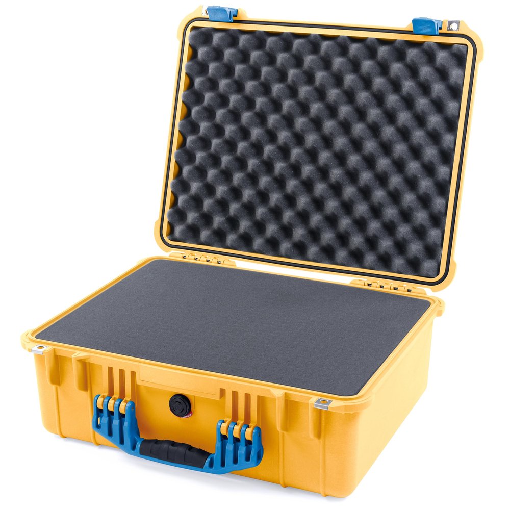 ColorCase Pelican 1550 Case Yellow - Medium Size Waterproof Case with Pick & Pluck Foam Set & Convoluted Lid Foam - Blue Handles & Latches