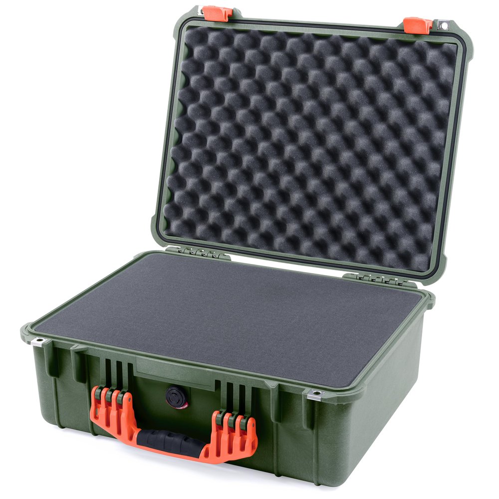 ColorCase Pelican 1550 Case OD Green - Medium Size Waterproof Case with Pick & Pluck Foam Set & Convoluted Lid Foam - Orange Handles & Latches
