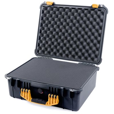 ColorCase Pelican 1550 Case Black - Medium Size Waterproof Case with Pick & Pluck Foam Set & Convoluted Lid Foam - Yellow Handles & Latches
