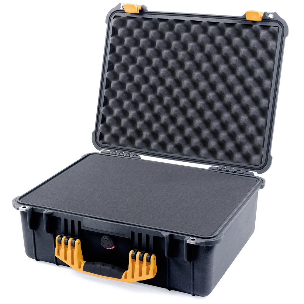 ColorCase Pelican 1550 Case Black - Medium Size Waterproof Case with Pick & Pluck Foam Set & Convoluted Lid Foam - Yellow Handles & Latches