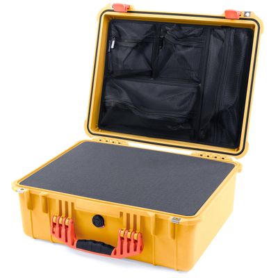 ColorCase Pelican 1550 Case Yellow - Medium Size Waterproof Case with Pick & Pluck Foam Set & Mesh Lid Organizer - Orange Handles & Latches