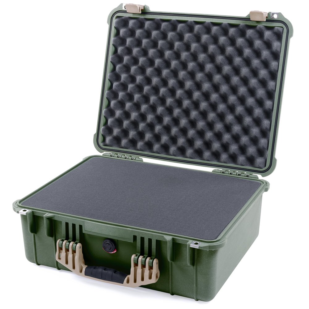 ColorCase Pelican 1550 Case OD Green - Medium Size Waterproof Case with Pick & Pluck Foam Set & Convoluted Lid Foam - Desert Tan Handles & Latches