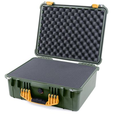 ColorCase Pelican 1550 Case OD Green - Medium Size Waterproof Case with Pick & Pluck Foam Set & Convoluted Lid Foam - Yellow Handles & Latches
