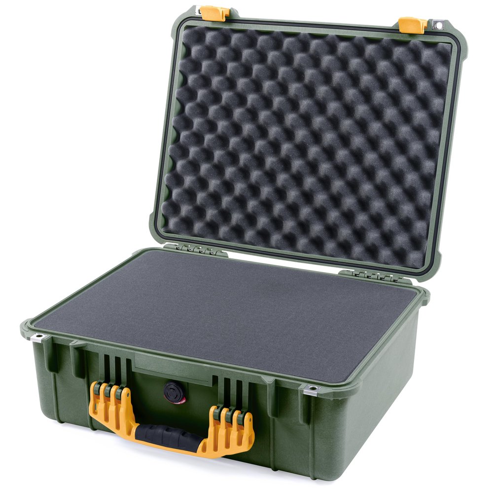 ColorCase Pelican 1550 Case OD Green - Medium Size Waterproof Case with Pick & Pluck Foam Set & Convoluted Lid Foam - Yellow Handles & Latches