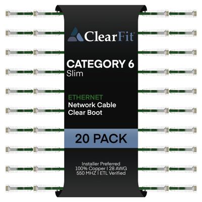 ClearFit Slim 20 Pack - 3ft Cat6 28AWG Ethernet Patch Cable, Network, Clear Boot, Cat 6 Internet, Data Center Rated, Green, 3 Foot, by UNC Group