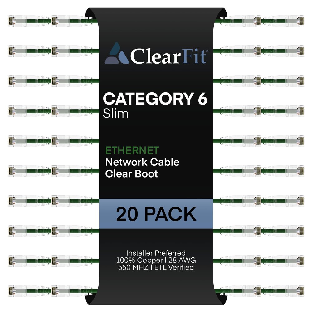 ClearFit Slim 20 Pack - 3ft Cat6 28AWG Ethernet Patch Cable, Network, Clear Boot, Cat 6 Internet, Data Center Rated, Green, 3 Foot, by UNC Group