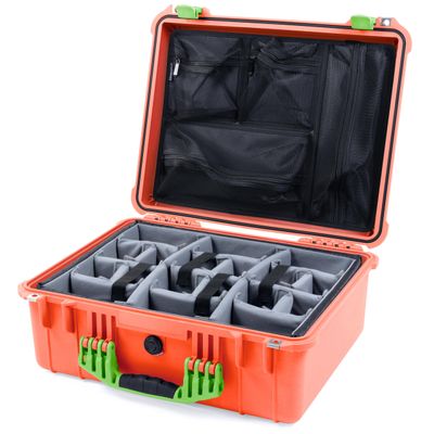 Pelican 1550 Case by ColorCase - Orange - Medium Size Waterproof Case with Grey Padded Dividers & Mesh Lid Organizer - Lime Green Handles & Latches