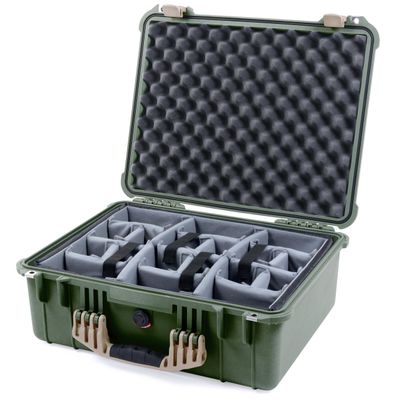 ColorCase Pelican 1550 Case OD Green - Medium Size Waterproof Case with Grey Padded Dividers & Convoluted Lid Foam - Desert Tan Handles & Latches