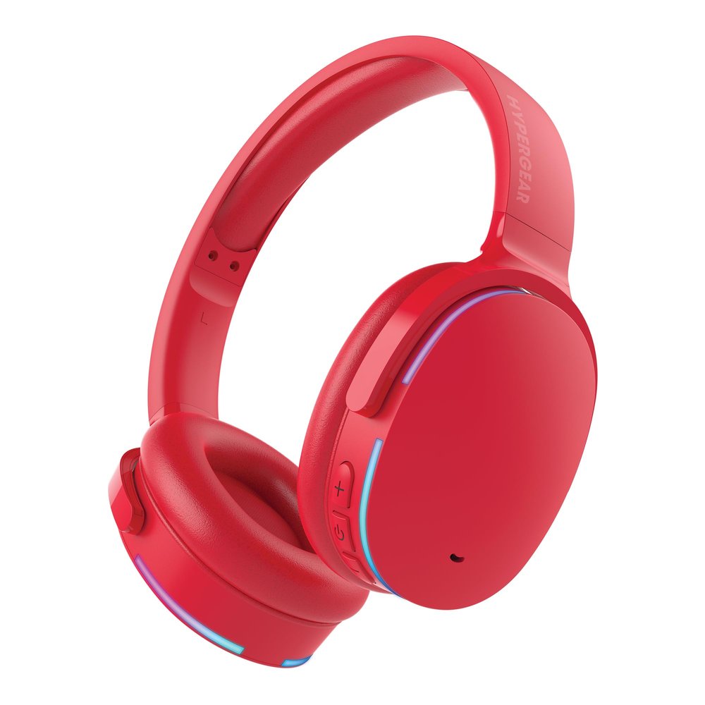 HyperGear Wireless Bluetooth Headphones + Loud HD Stereo Sound Speaker Over-Ear Noise-Isolating Fit Headset with Built-in Mic [LED Light Up Earphones + Speaker] Red