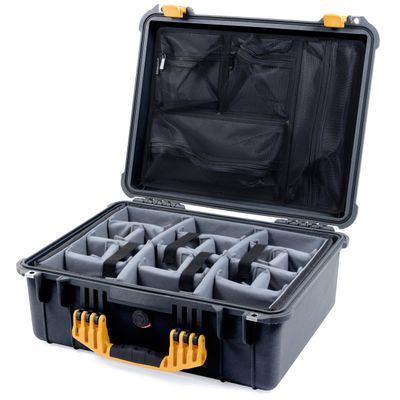 ColorCase Pelican 1550 Case Black - Medium Size Waterproof Case with Grey Padded Dividers & Mesh Lid Organizer - Yellow Handles & Latches