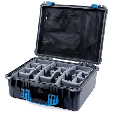 ColorCase Pelican 1550 Case Black - Medium Size Waterproof Case with Grey Padded Dividers & Mesh Lid Organizer - Blue Handles & Latches