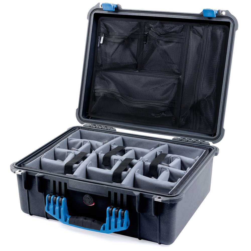ColorCase Pelican 1550 Case Black - Medium Size Waterproof Case with Grey Padded Dividers & Mesh Lid Organizer - Blue Handles & Latches