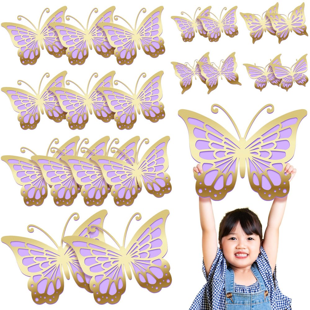 Kigeli 20 Pcs Giant Butterfly Party Decorations 4 Sizes Butterfly 3D Centerpieces Gold Wall Decor Paper Cutouts for Girl Baby Shower Wedding Party Room(Gold and Purple)