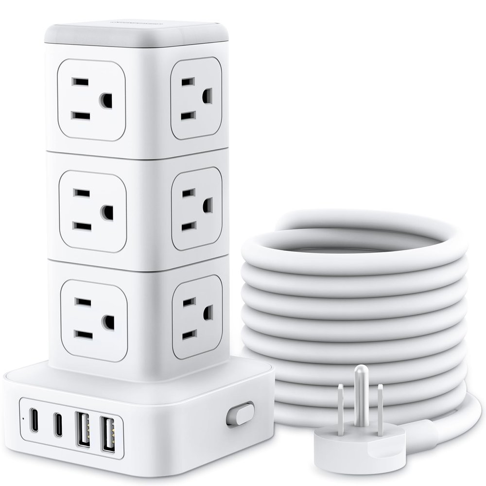 NTONPOWER 1080J Surge Protector Power Strip Tower, 10 Ft Extension Cord Flat Plug, 12 AC Outlets and 4 USB (2 USB C), 1625W 13A Overload Protection, Tower Surge Protector for Home Office Dorm Room