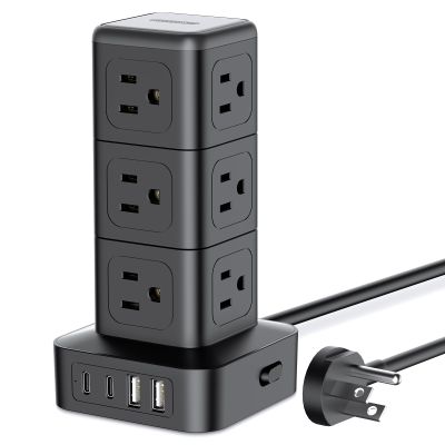NTONPOWER Compact Surge Protector Power Strip Tower, 1080J Surge Protector Tower, 12 AC Outlets 4 USB(2 USB C), 13A/1625W Overload Protection, 5ft Extension Cord Tower Power Strip for Office Home Dorm