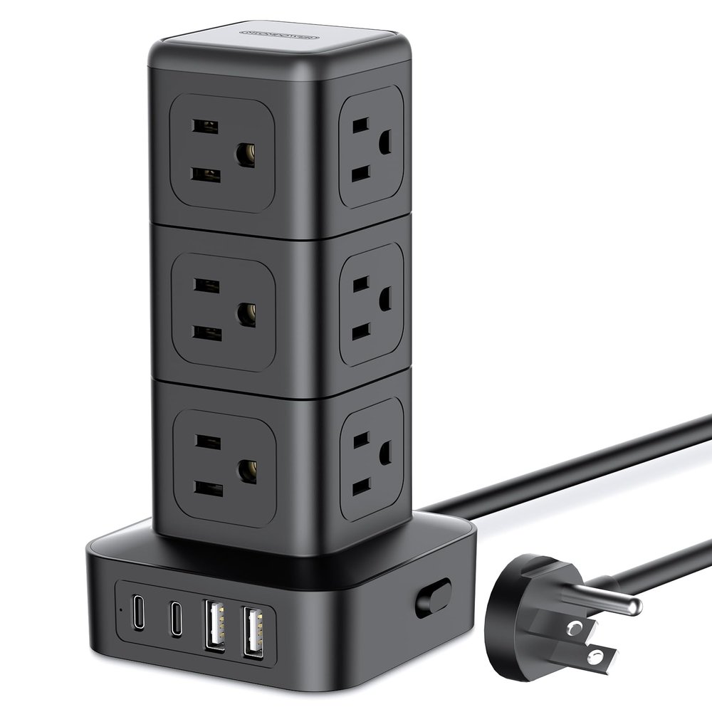 NTONPOWER Compact Surge Protector Power Strip Tower, 1080J Surge Protector Tower, 12 AC Outlets 4 USB(2 USB C), 13A/1625W Overload Protection, 5ft Extension Cord Tower Power Strip for Office Home Dorm