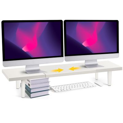 Across-Star Dual-Monitor-Stand-Riser-For-Desk Adjustable Length 32-40 InchLarge Desktop Computer Monitor Riser For 2 ScreensDesk Shelf Organizer Riser Stand For Computer/Laptop/PC/Printer/TV Black