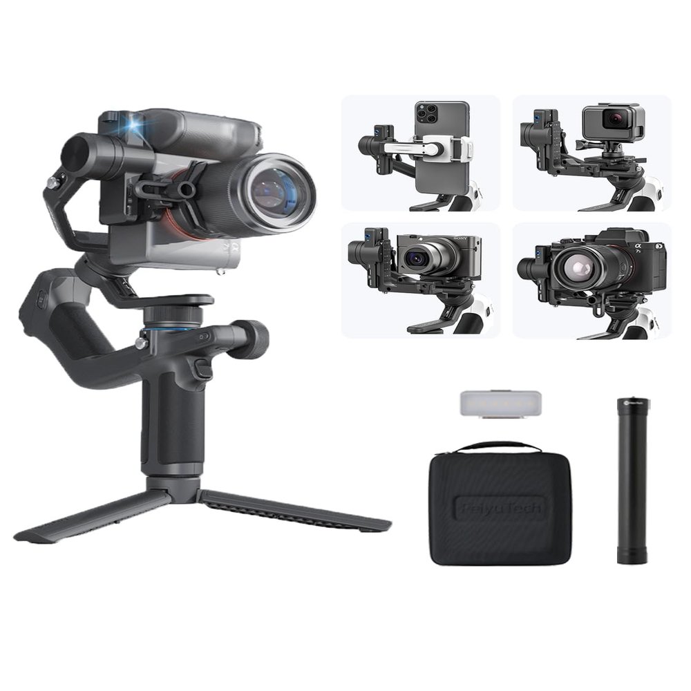 FeiyuTech SCORP Mini-2 Combo:Portable Bag+11''Carbon Fiber Pole+Fill Light,All in One 3-Axis Camera Stabilizer,Built-in AI Tracker Handheld Gimbal for Mirrorless Camera,GoPro,Smartphone (Black)
