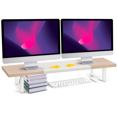 Across-Star Dual-Monitor-Stand-Riser-For-Desk Adjustable Length 32-40 InchLarge Desktop Computer Monitor Riser For 2 ScreensDesk Shelf Organizer Riser Stand For Computer/Laptop/PC/Printer/TV Maple