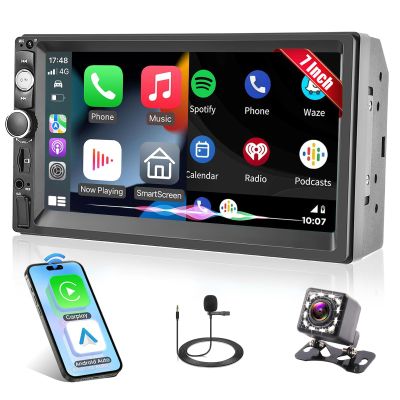 7" Wireless Double Din Car Stereo Apple Carplay Radio Screen for Car Audio Receivers, Bluetooth 5.1 Car Play Android Auto Touchscreen Backup Camera USB/AUX/TF SWC FM