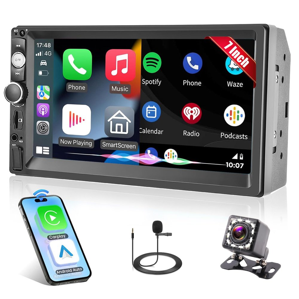 7" Wireless Double Din Car Stereo Apple Carplay Radio Screen for Car Audio Receivers, Bluetooth 5.1 Car Play Android Auto Touchscreen Backup Camera USB/AUX/TF SWC FM