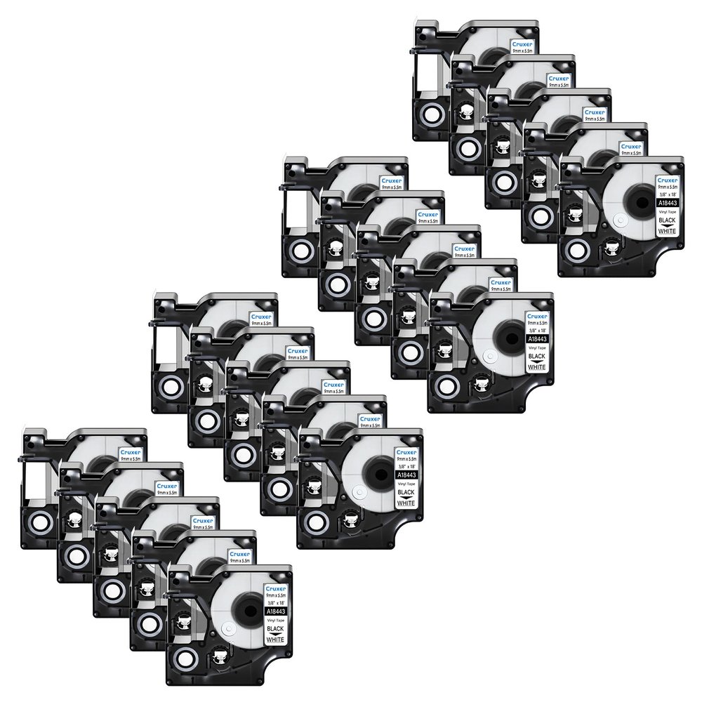 Compatible Label Tapes Replacement for Dymo 18443 Permanent Vinyl 3/8 inch Black on White Tapes Suitable for Dymo Rhino 4200 5200 5000 6000 Label Makers, 3/8" x 18'(9mm x 5.5m),20-Pack