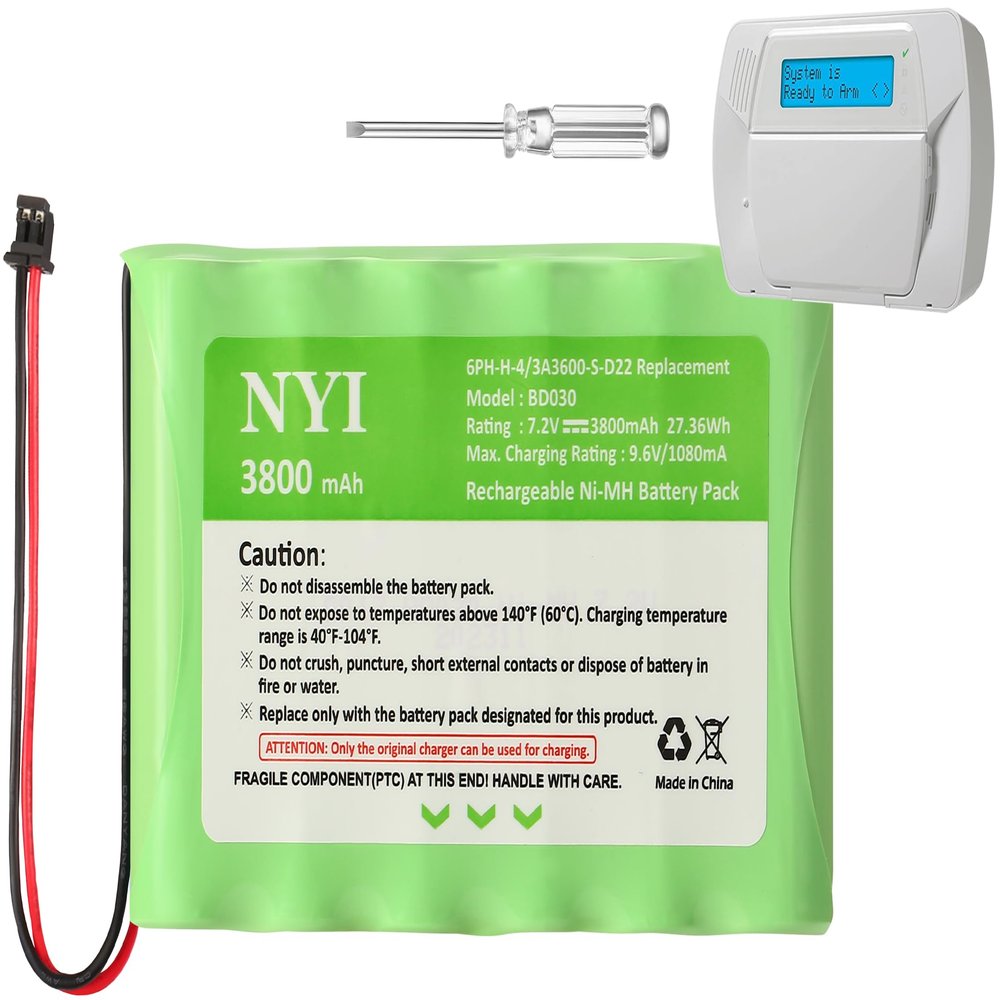 NYI Upgraded 3800mAh Battery Compatible with ADT IMPASSA 9057 SCW9057 SCW9055, 6PH-H-4/3A3600-S-D22 Replacement, 7.2V Rechargeable Ni-MH Battery Pack for DSC Control Panel, 2 Pin Connector
