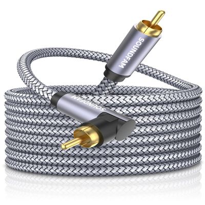 SOUNDFAM 90 Degree Subwoofer Cable 30ft/10M,Right Angle RCA Cable Male to Male for SubwooferAmplifier-Grey