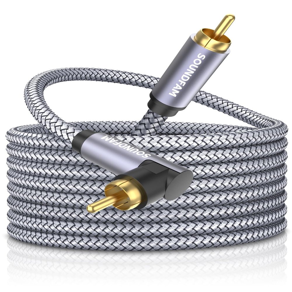 SOUNDFAM 90 Degree Subwoofer Cable 30ft/10M,Right Angle RCA Cable Male to Male for SubwooferAmplifier-Grey