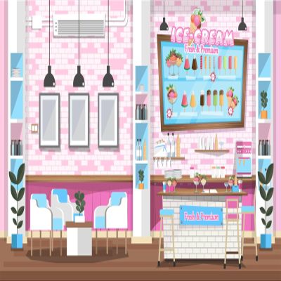 Loccor 9x6ft Fabric Ice Cream Backdrop for Photography Pink Dessert Ice Cream Parlor Interior Counter Table and Chairs Background for Kids Ice Cream Party Cake Table Decor Photoshoot Studio Props