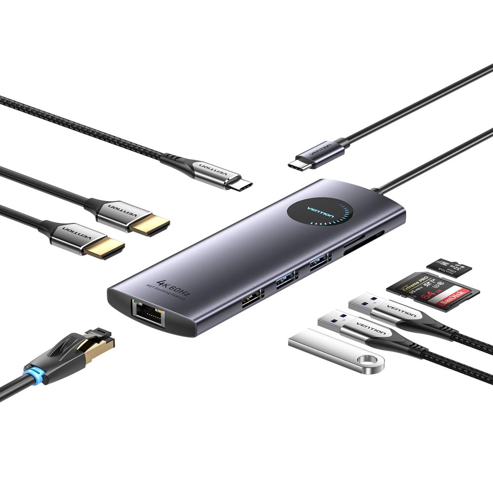 VENTION 9-in-1 USB C Docking Station, Dual 4K@60Hz HDMI, 100W PD, Gigabit Ethernet, 5Gbps USB-A, SD/TF, Grey, Windows/MacBook Compatible, Dell XPS, HP Spectre, Lenovo Yoga, Surface Pro, MacBook Air