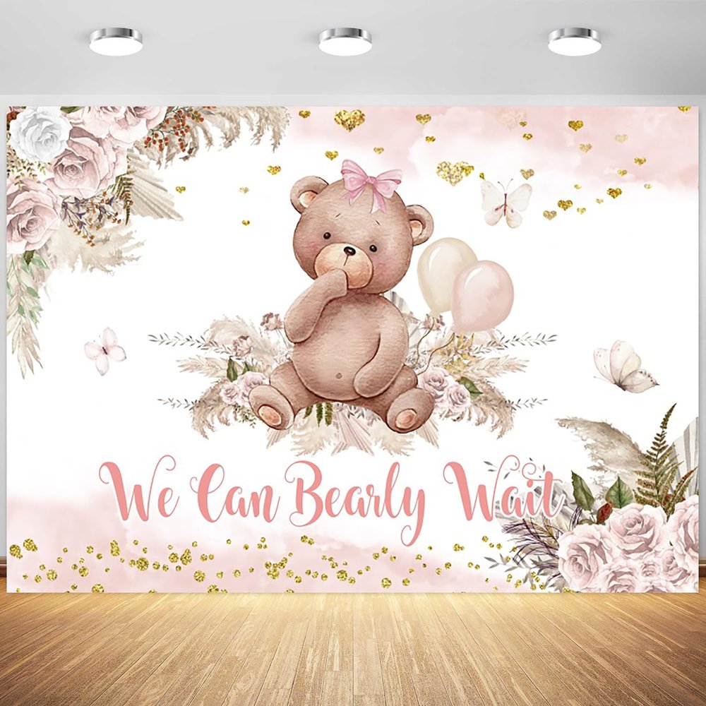 15x10ft Bear Baby Shower Backdrop Boho Pink Floral We Can Bearly Wait Photography Background Its a Girl Baby Shower Party Banner Decorations Supplies Photo Booth Props