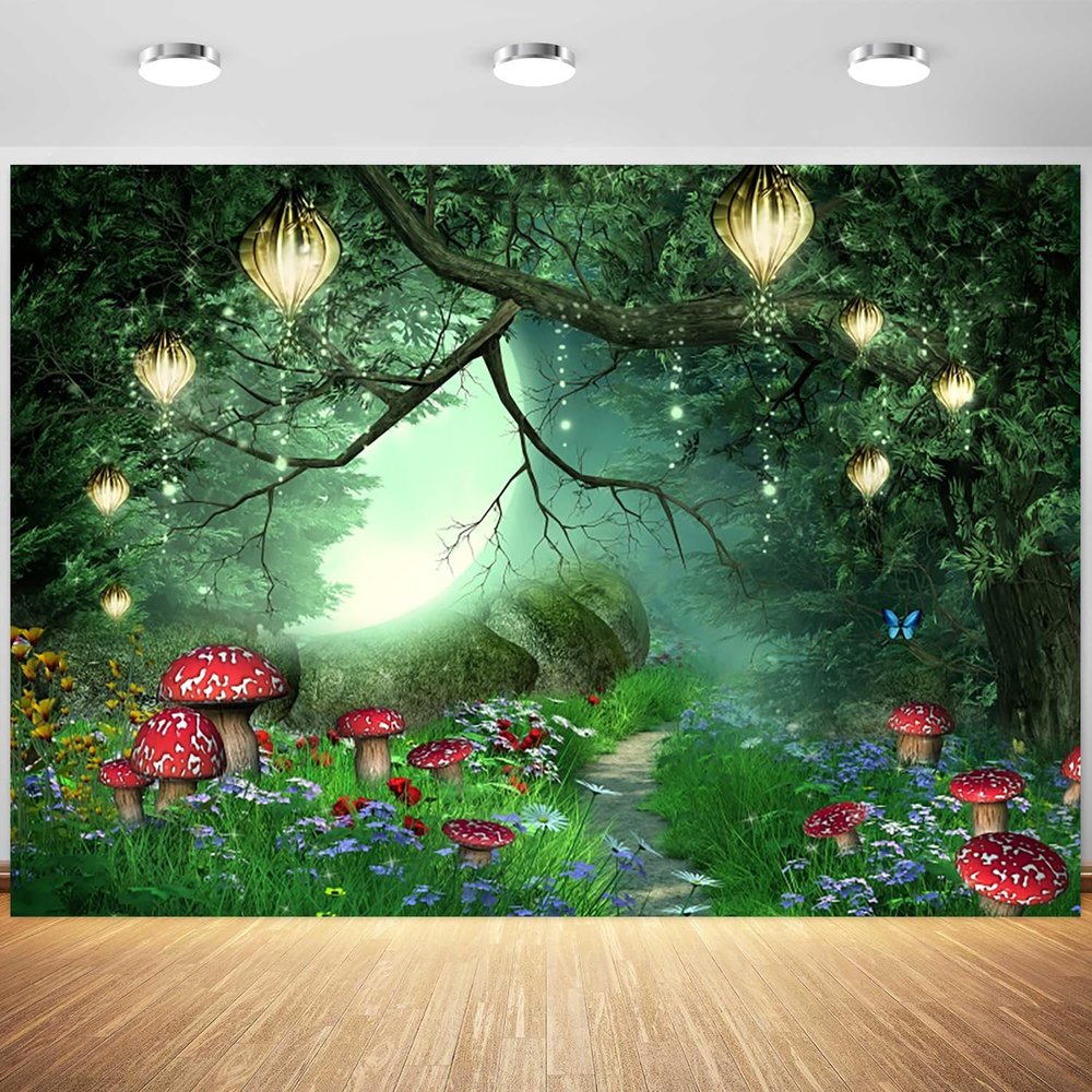 10x6.5ft Enchanted Forest Backdrop Spring Fairy Wonderland Mushroom Natural Photography Background Kids Children Birthday Baby Shower Party Banner Decorations Supplies Photo Booth Props