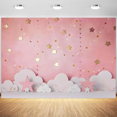 12x8ft Pink Backdrop Pink Sky White Cloud Starry Stars Photography Background Girls Birthday Baby Shower Party Banner Decorations Supplies Photo Booth Props