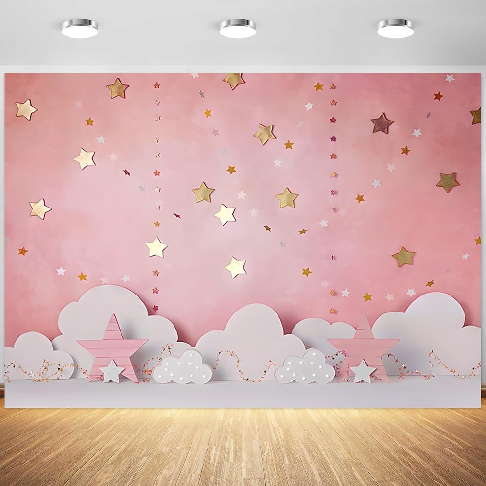12x8ft Pink Backdrop Pink Sky White Cloud Starry Stars Photography Background Girls Birthday Baby Shower Party Banner Decorations Supplies Photo Booth Props