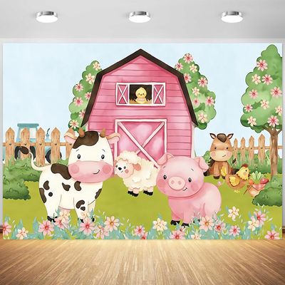 12x8ft Farm Backdrop Cartoon Farm Animals Pink Barn Photography Background Girls Farm Theme Birthday Baby Shower Party Cake Table Banner Decorations Supplies Photo Booth Props
