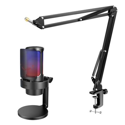 FIFINE USB Gaming Microphone, Metal Recording Boom Arm Bundle, PC Streaming Mic and Arm Stand Kit with RGB Lights, Mute Button, Headphones Jack, Pop Filter for Voice-Over Studio Home Office (A8+CS1)