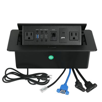 Table Pop up Power Strip Box Desktop Pop Up Outlet Recessed Multimedia Strip Socket Conference Table Power Hub Hidden Table Connection Box with Outlet Network HDMI for Office Desk (Black-D)