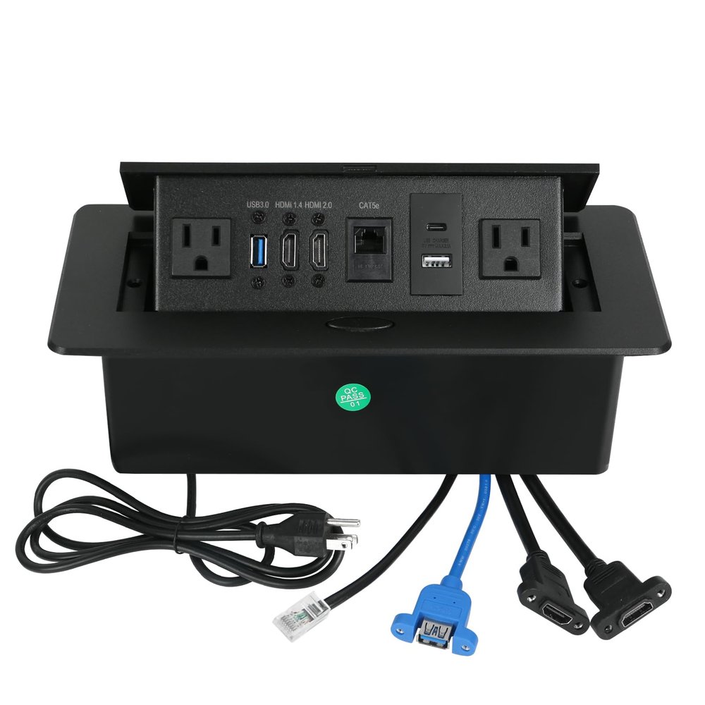 Table Pop up Power Strip Box Desktop Pop Up Outlet Recessed Multimedia Strip Socket Conference Table Power Hub Hidden Table Connection Box with Outlet Network HDMI for Office Desk (Black-D)