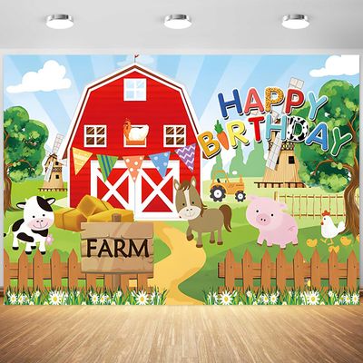 12x8ft Happy Birthday Farm Backdrop Cartoon Farm Animals Red Barn Photography Background Kids Boys Birthday Farm Theme Party Banner Decorations Supplies Photo Booth Props