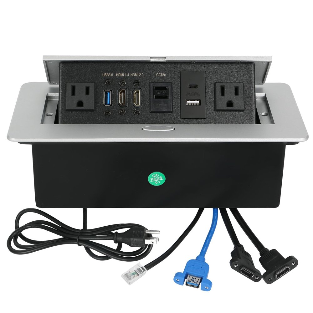 Table Pop up Power Strip Box Desktop Pop Up Outlet Recessed Multimedia Strip Socket Conference Table Power Hub Hidden Table Connection Box with Outlet Network HDMI for Office Desk (Sliver-D)