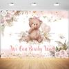 12x8ft Bear Baby Shower Backdrop Boho Pink Floral We Can Bearly Wait Photography Background Its a Girl Baby Shower Party Banner Decorations Supplies Photo Booth Props view 1