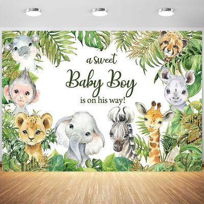 12x8ft Safari Baby Shower Backdrop A Sweet Baby Boy is on His Way Photography Background Jungle Animals Theme Baby Boy Shower Party Banner Decorations Supplies Photo Booth Props