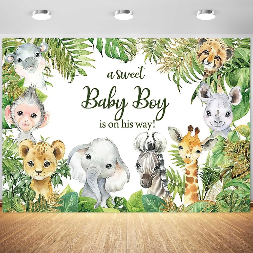 12x8ft Safari Baby Shower Backdrop A Sweet Baby Boy is on His Way Photography Background Jungle Animals Theme Baby Boy Shower Party Banner Decorations Supplies Photo Booth Props