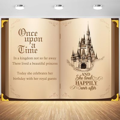 12x8ft Once Upon a Time Backdrop Fairtale Book Castle Princess Birthday Photography Background Girls Happy Birthday Party Banner Decorations Supplies Photo Booth Props